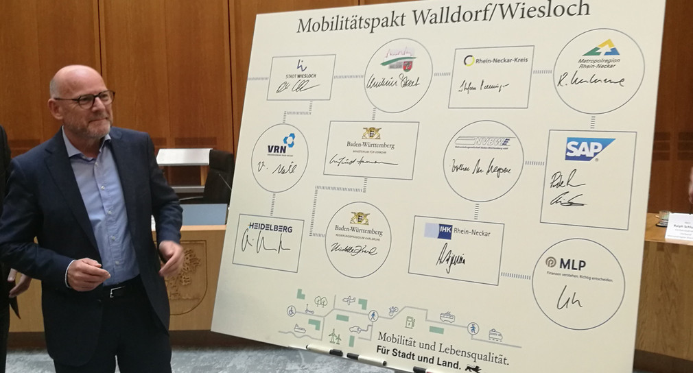Verkehrsminister Winfried Hermann steht vor einer Unterschriftentafel für den Mobilitätspakt Walldorf-Wiesloch