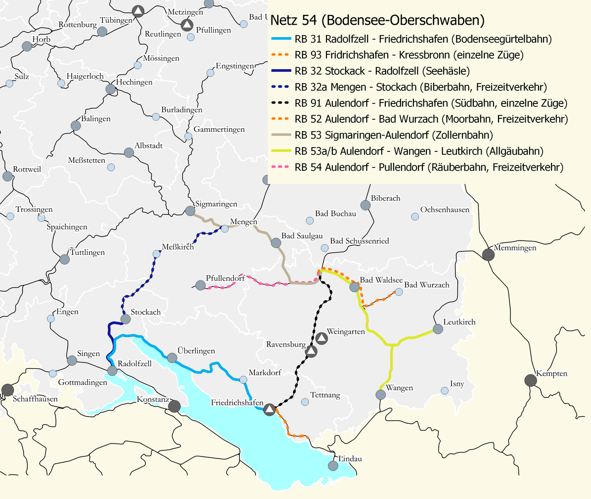 Karte des Netzes 54: Bodensee-Oberschwaben. Eingezeichnet sind die Regionalverbindungen des Netzes.