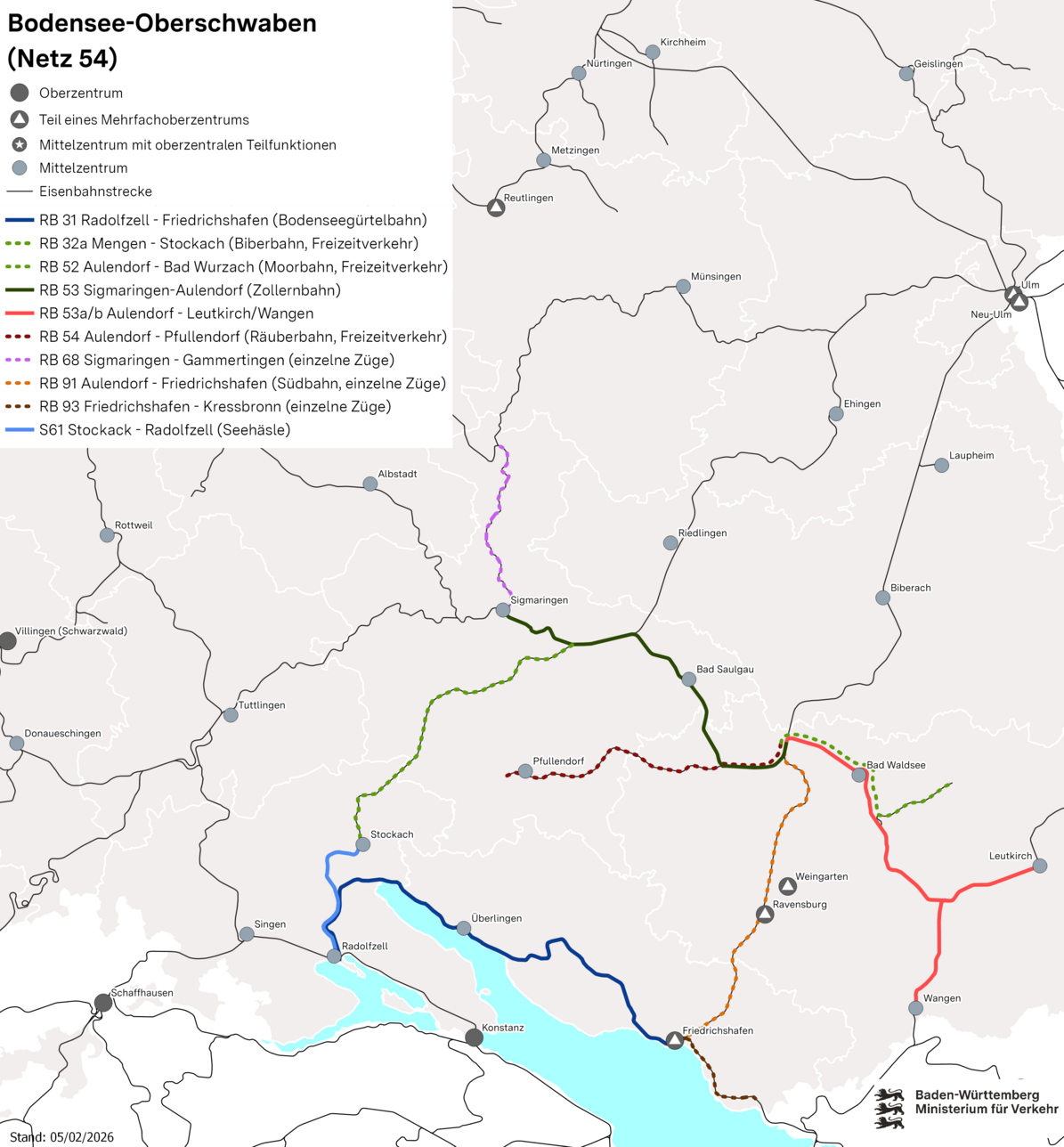 Karte des Netzes 54: Bodensee-Oberschwaben. Eingezeichnet sind die Regionalverbindungen des Netzes.