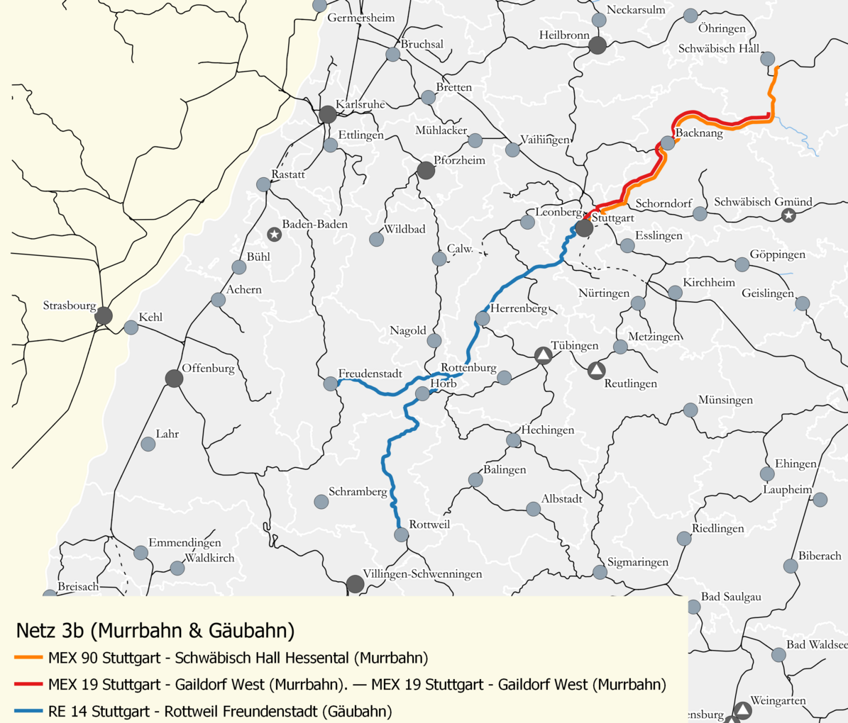 Netzkarte von Netz 3b Gäu-Murr. Die Karte zeigt die MEX-Verkehre auf der Murrbahn zwischen Schwäbisch Hall / Gaildorf West und Stuttgart sowie den RE 14 Rott-weil / Freudenstadt – Stuttgart auf der Gäubahn. 