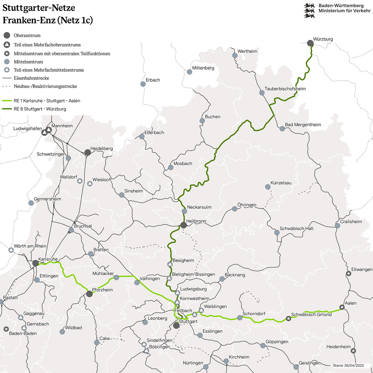Baden-Württemberg Karte mit Bahnlinien des Stuttgarter Netzes Franken-Enz in Richtung Karlsruhe, Aalen, Würzburg und Stuttgart.