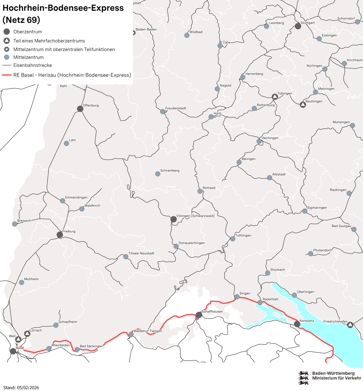 Karte von Grenzgebiet von Baden-Würrtemberg zur Schweiz. Eine Bahnlinie führt von Basel nach Herisau.