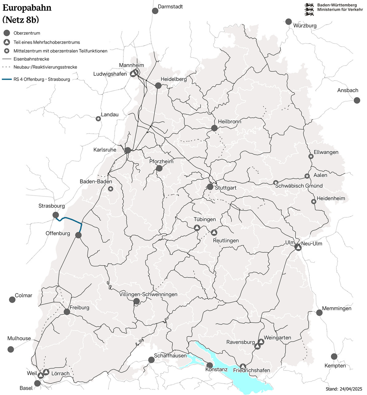 Bahnnetz des Netzes 8b: Europabahn. Die Linie RB 25 Offenburg - Straßburg ist grafisch eingezeichnet.