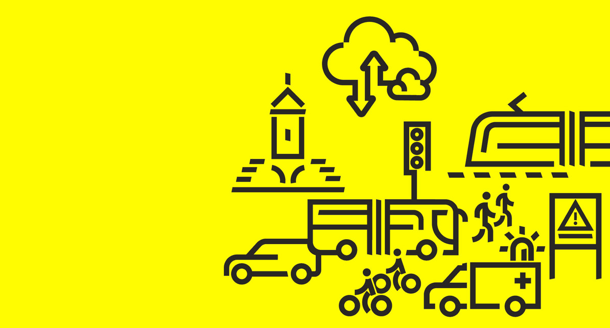 Verschiedene Icons illustrieren eine Stadtszene. Es fahren Autos, Fahrr&auml;der, Busse und Bahnen.