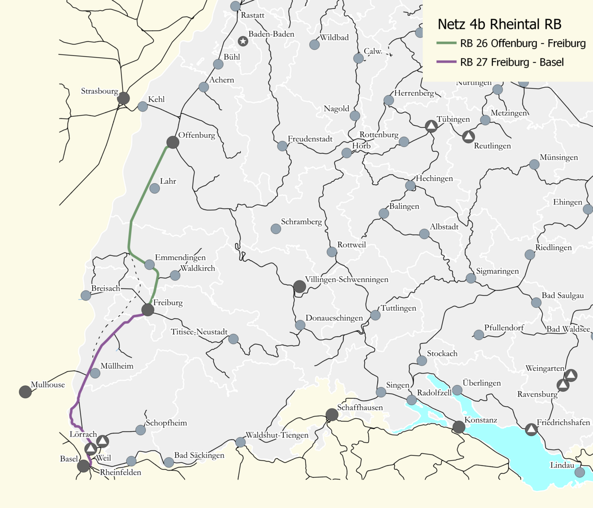 Netzkarte von Netz 4b: Rheintal RB. Eingezeichnet sind die Verbindungen RB 26 von Offenburg über Emmendingen nach Freiburg, sowie der RB 27 von Freiburg über Müllheim nach Basel Bad.