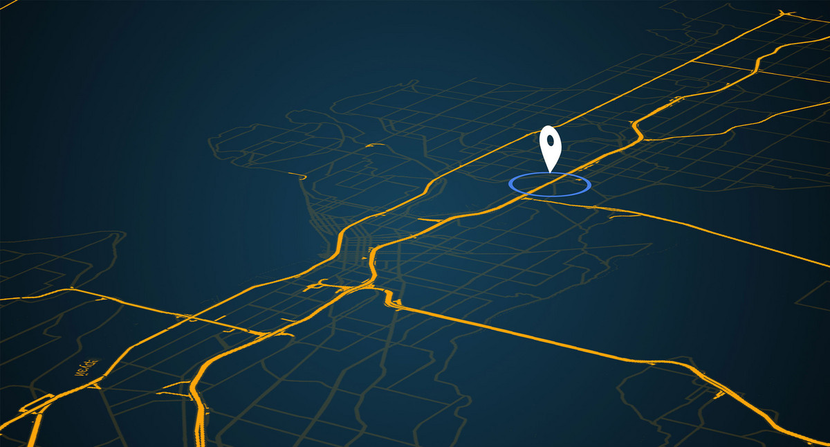 Digitale Abbildung eines Straßennetzes mit einer markierten Navigationsroute.