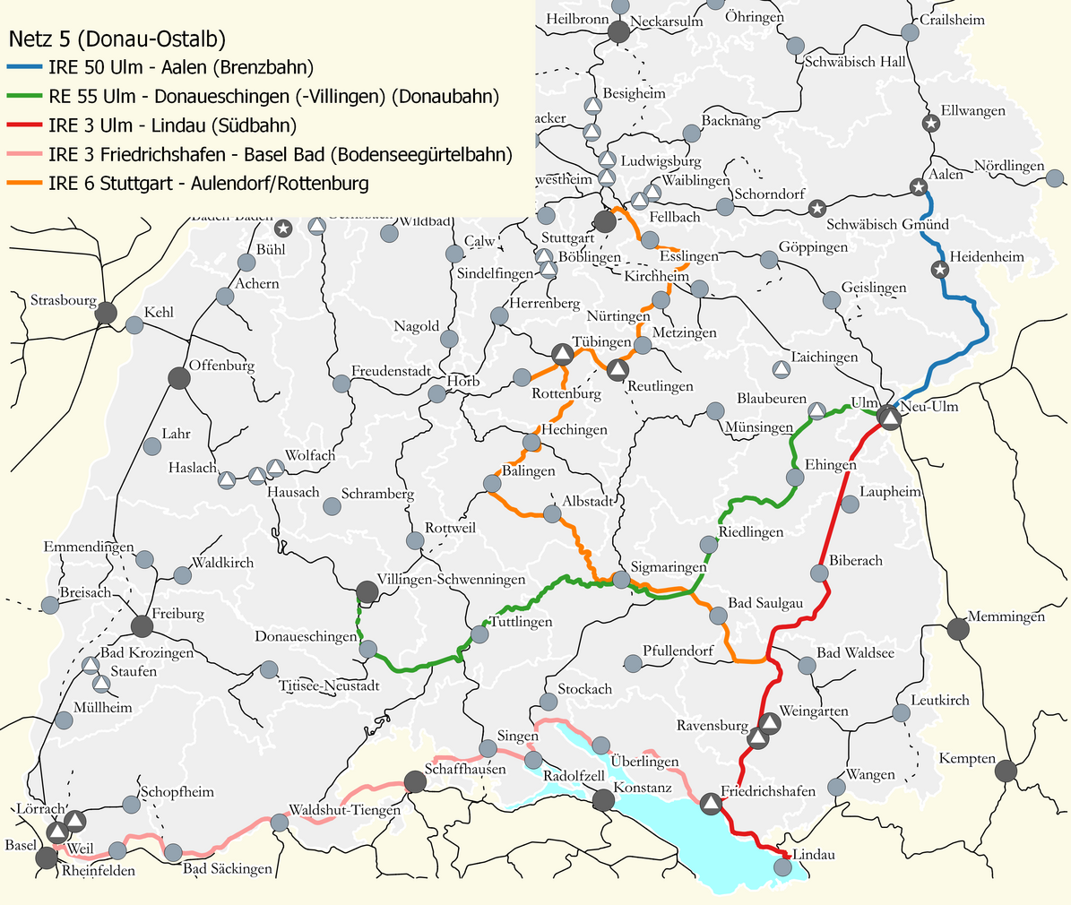 Karte des Netzes 5: Donau Ostalb. Eingezeichnet sind die Linien IRE 3 Friedrichshafen – Aulendorf – Ulm, IRE 3 Friedrichshafen – Singen – Basel, IRE 6 Stuttgart – Aulendorf – Tübingen/Rottenburg, RE 50 Ulm – Heidenheim – Aalen, RE 55 Ulm – Sigmaringen – Donaueschingen (-Villingen).