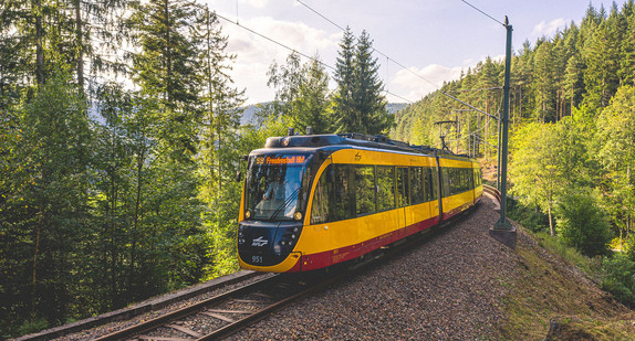 Eine Stadtbahn fährt durch einen Wald auf Schienen. Auf der Anzeige sieht man das Ziel Freudenstadt Bahnhof.