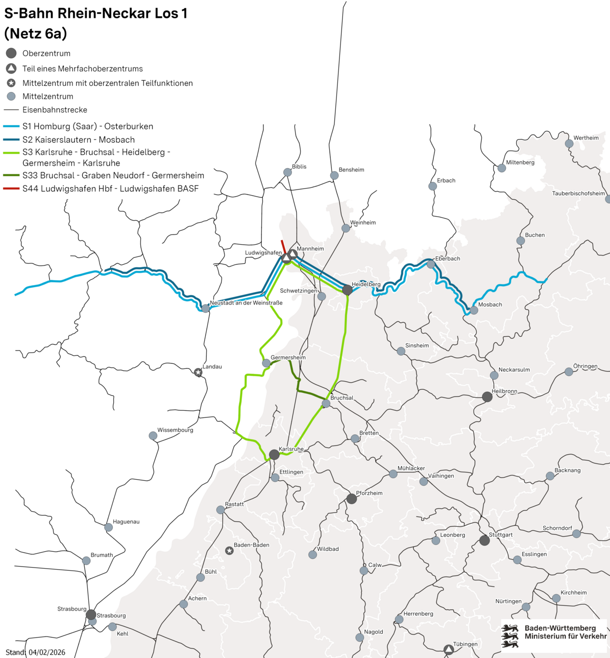 Netzkarte des Netz 6a, welches die Linien 1 bis 4 der S-Bahn Rhein-Neckar umfasst. Die Linien sind auf der Netzkarte grafisch dargestellt.