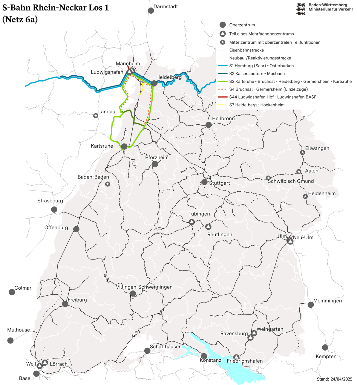 Netzkarte des Netz 6a, welches die Linien 1 bis 4 der S-Bahn Rhein-Neckar umfasst. Die Linien sind auf der Netzkarte grafisch dargestellt.