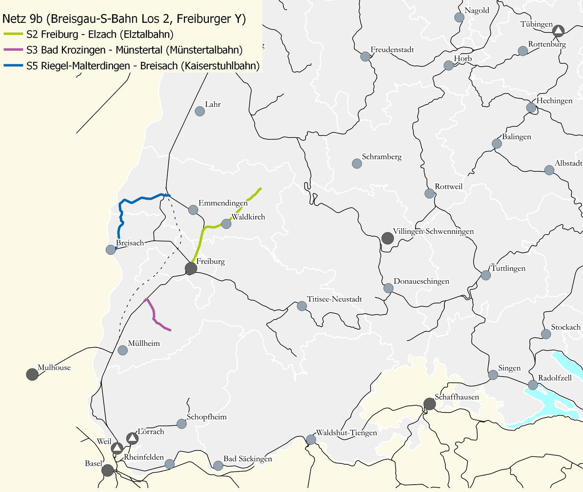 Karte des Netzes 9b Elz- und Münstertal (Breisgau-S-Bahn Los 2). Eingezeichnet sind die Linien S 2 Freiburg – Denzlingen – Waldkirch,  S 3 Bad Krozingen – Staufen – Münstertal,  S 5 Riegel-Malterdingen – Endingen – Sasbach – Breisach. 