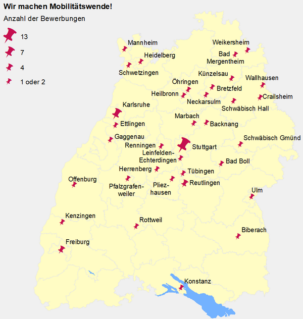 Karte von Baden-Württemberg auf der zahlreiche Städte mit Pinnnadeln markiert sind.