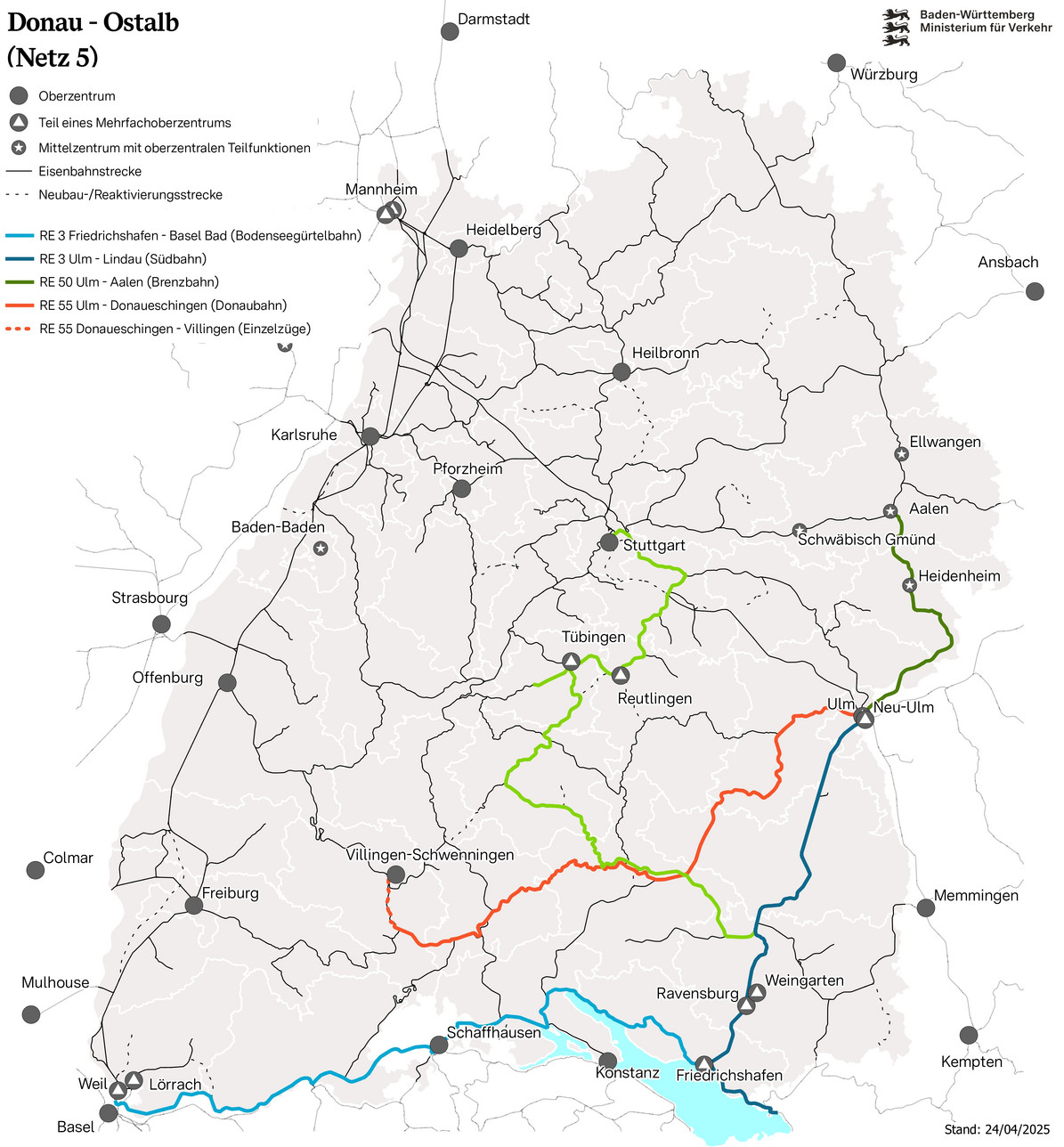 Karte des Netzes 5: Donau Ostalb. Eingezeichnet sind die Linien IRE 3 Friedrichshafen – Aulendorf – Ulm, IRE 3 Friedrichshafen – Singen – Basel, IRE 6 Stuttgart – Aulendorf – Tübingen/Rottenburg, RE 50 Ulm – Heidenheim – Aalen, RE 55 Ulm – Sigmaringen – Donaueschingen (-Villingen).