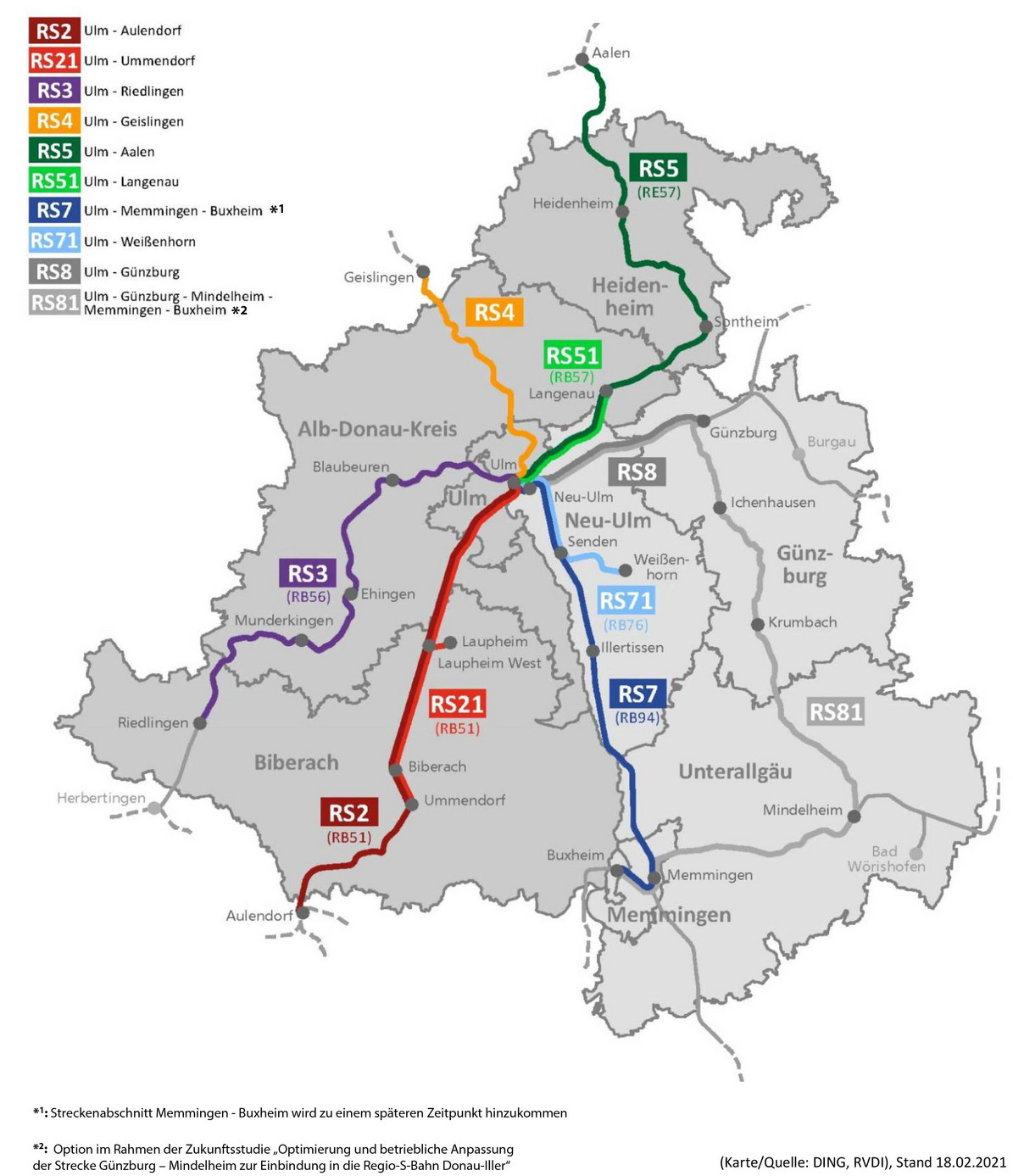 Karte der Region Donau-Iller mit den angestrebten Schienenverbindungen. Von Ulm führen verschiedene Bahnlinien sternförmig in die Region.