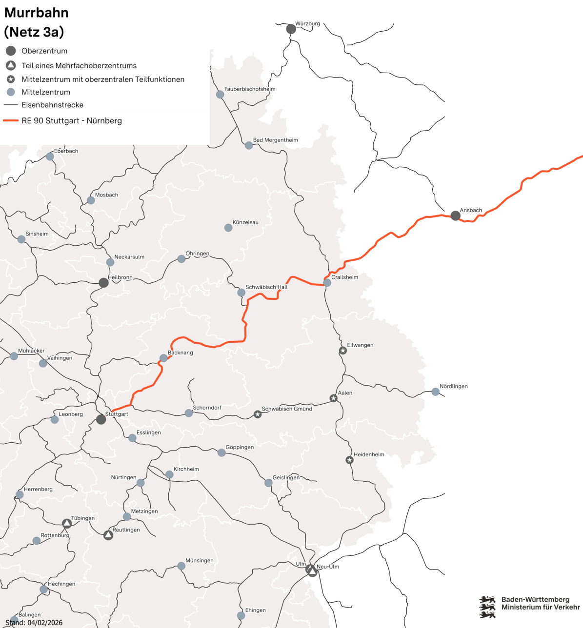 Karte des Netz 3a: Murrbahn. Verbindung des RE90 von Stuttgart nach Nürnberg eingezeichnet.