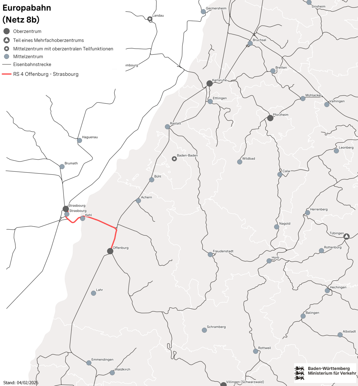 Bahnnetz des Netzes 8b: Europabahn. Die Linie RB 25 Offenburg - Straßburg ist grafisch eingezeichnet.