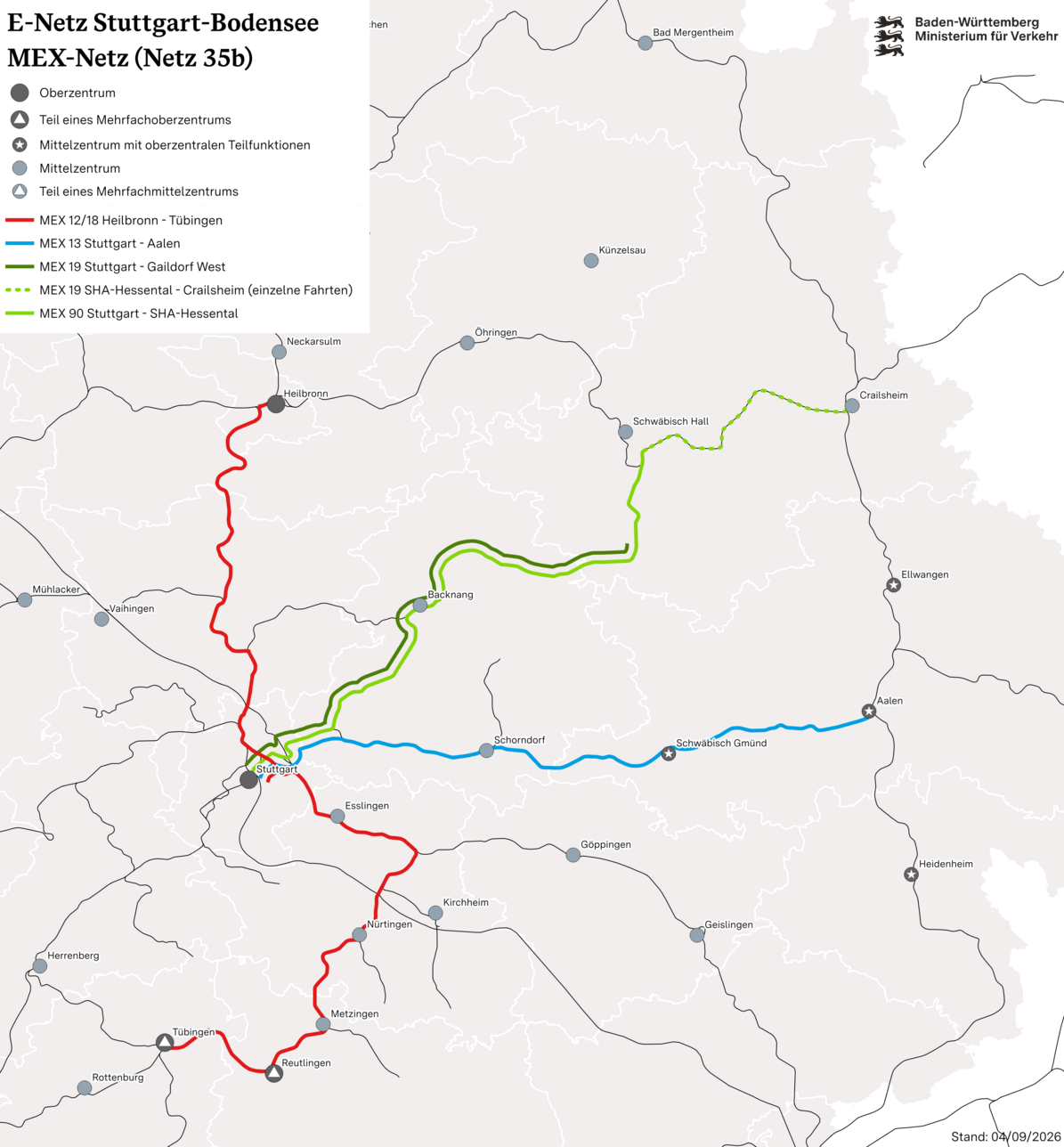 Karte von Baden-Württemberg. Zuglinien führen von Heilbronn nach Stuttgart. Von Stuttgart nach Schwäbisch Hall undvon Stuttgart nach Aalen, Tübingen und Horb beziehungsweise Rottweil.