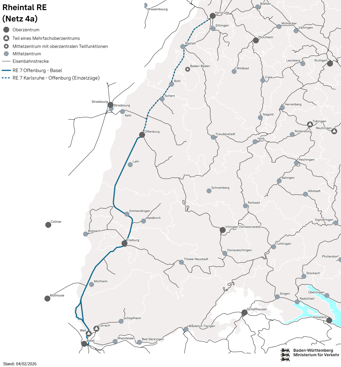 Eine Netzkarte von Netz 4a: Rheintal RE. Eingezeichnet sind die Verbindungen R7 Karlsruhe - Offenburg, sowie R7 Offenburg Basel.
