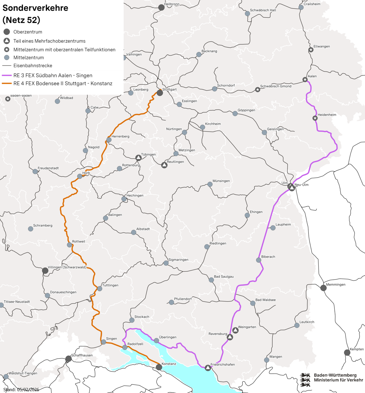 Eine Karte von Baden-Württemberg. Zwei Zuglinie führen von Aalen nach Singen sowie Stuttgart nach Konstanz.