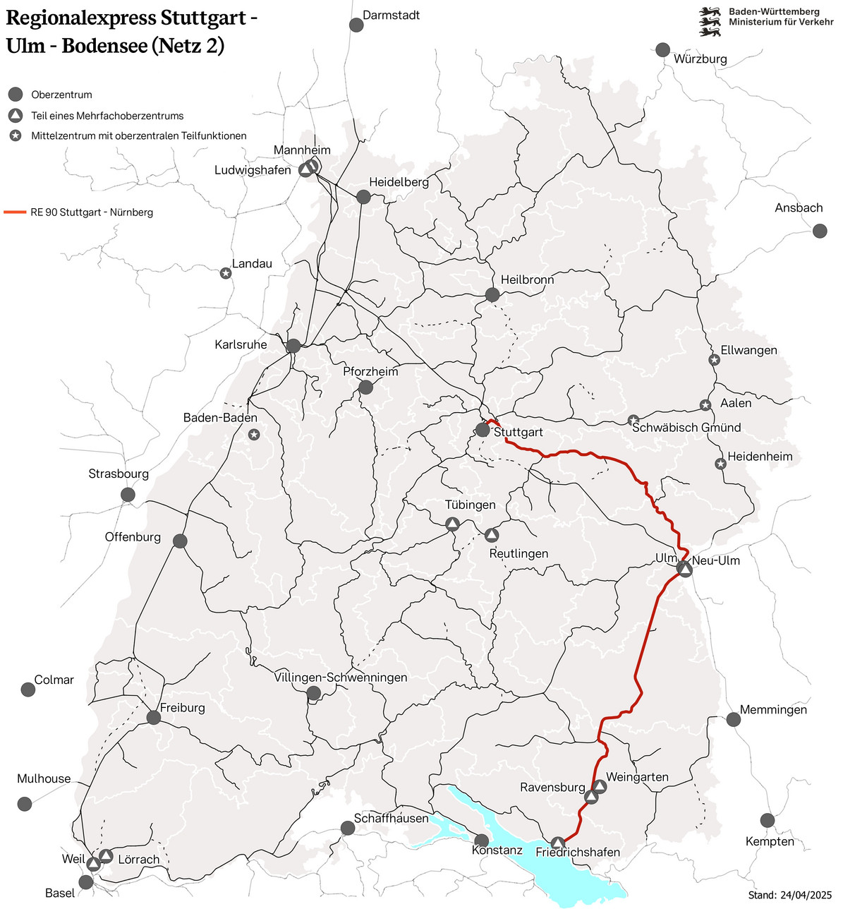 Karte die das Netz 2 zeigt. Auf der Karte ist die Verbindung RE5 Stuttgart - Ulm - Friedrichshafen eingezeichnet. 