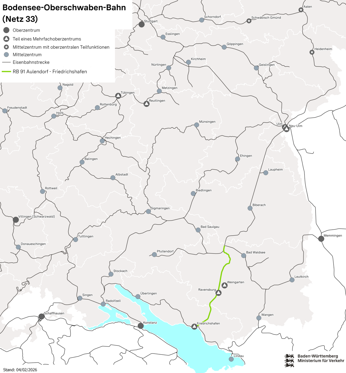 Karte von Baden-Württemberg. Eine Bahnstrecke führt von Aulendorf nach Friedrichshafen.