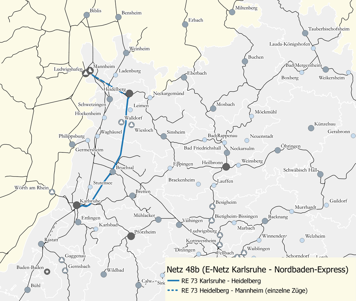 Karte des Netzes 48b: E-Netz Karlsruhe – Nordbaden-Express. Eingezeichnet ist die Linie RE 73 Karlsruhe – Heidelberg (– Mannheim).
