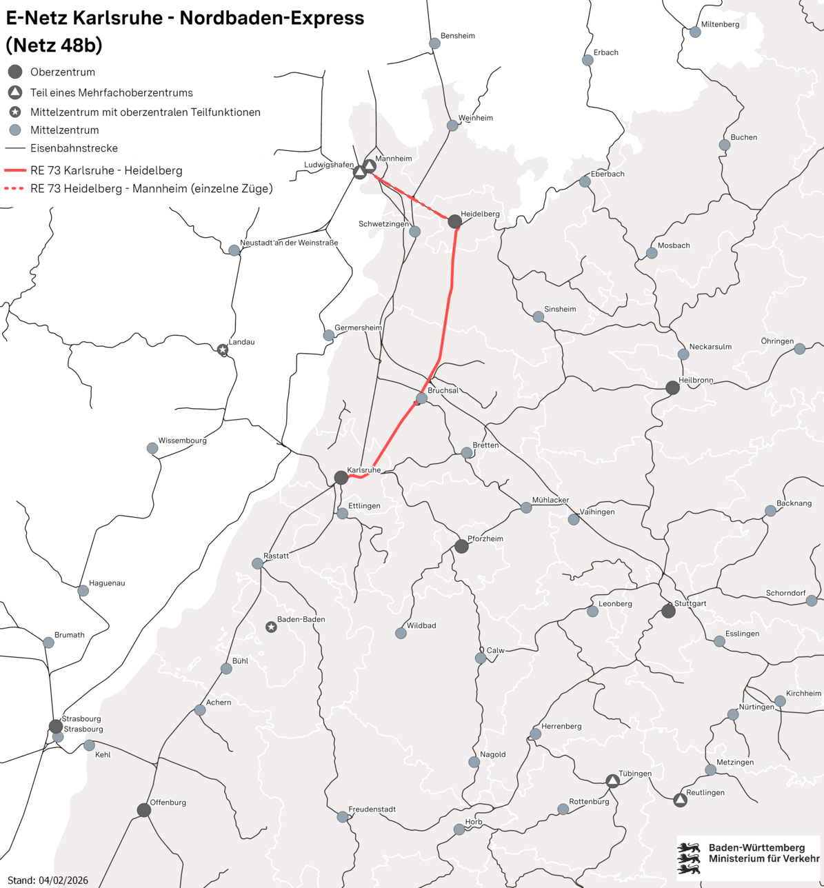 Karte des Netzes 48b: E-Netz Karlsruhe – Nordbaden-Express. Eingezeichnet ist die Linie RE 73 Karlsruhe – Heidelberg (– Mannheim).