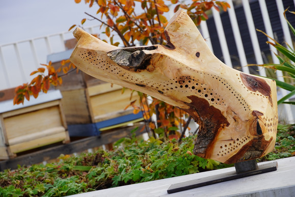 Holz-Skulptur auf Dachterrasse. Im Hintergrund sind Bienenkästen zu sehen.