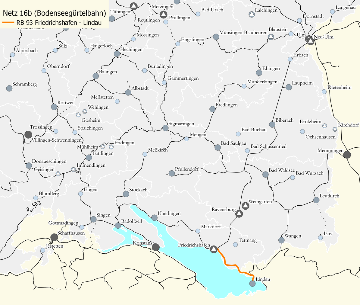 Karte des Netzes 16b: Bodenseegürtelbahn. Eingezeichnet ist die Linie RB 93 Friedrichshafen - Lindau.