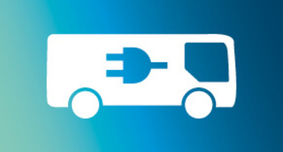 Blauer Hintergrundverlauf mit Symbol eines E-Busses