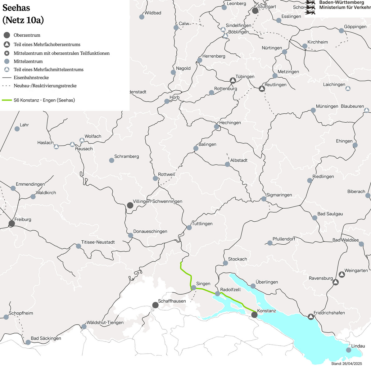 Karte des Netzes 10a: Seehas. Eingezeichnet ist die Verbindung RB 29 Konstanz nach Engen.