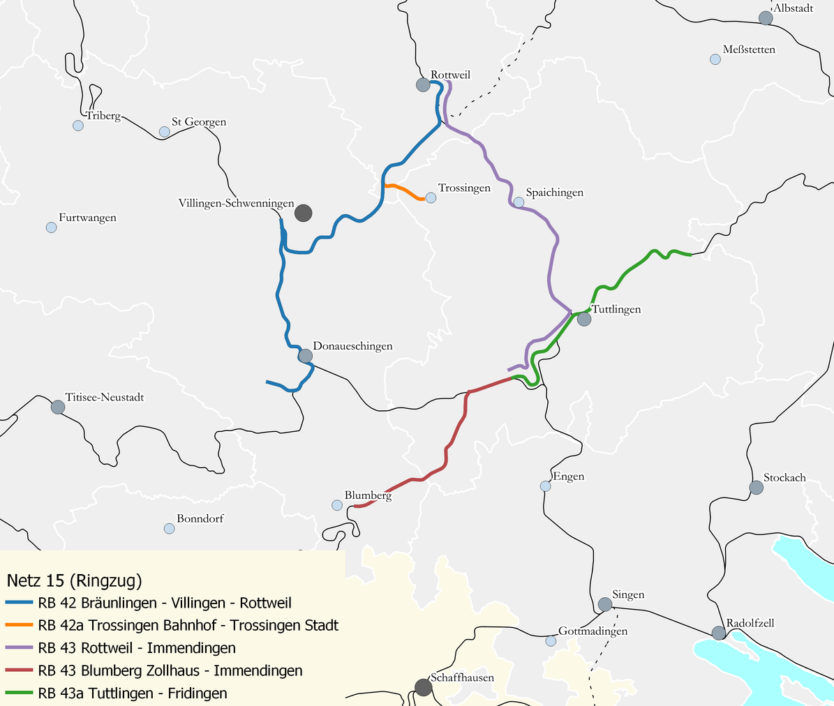 Karte des Netzes 15: Ringzug. Eingezeichnet sind die Linien RB 42 Bräunlingen – Donaueschingen – Villingen – Rottweil, RB 42a Trossingen Bahnhof – Trossingen Stadt, RB 43 Rottweil – Tuttlingen – Immendingen, RB 43 Immendingen – Blumberg Zollhaus, RB 43a Tuttlingen – Fridingen.