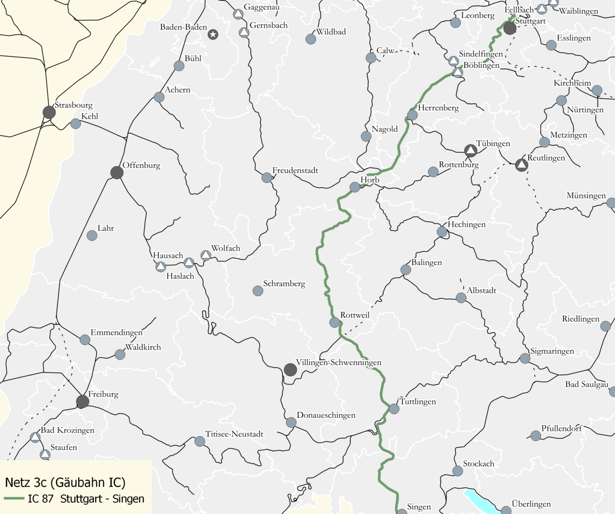 Netzkarte des Netz 3c Nahverkehrsfreigabe Intercity Gäubahn. Auf der Karte ist die Verbindung IC 87 Stuttgart – Singen mit Nahverkehrsintegration als RE eingezeichnet.