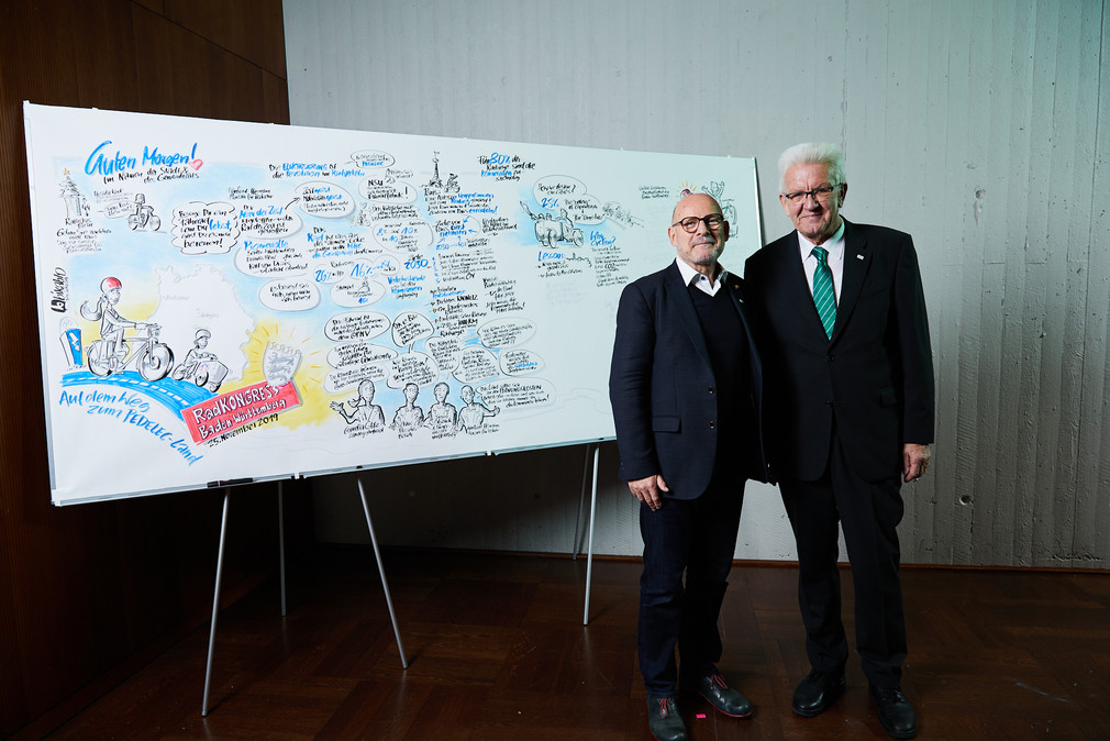 Minister Hermann und Ministerpräsident Kretschmann vor Graphic Recording Leinwand