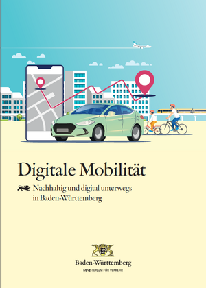 Titelbild einer Broschüre mit dem Titel "Digitale Mobilität" mit einem Auto und einem Smartphone auf dem Cover