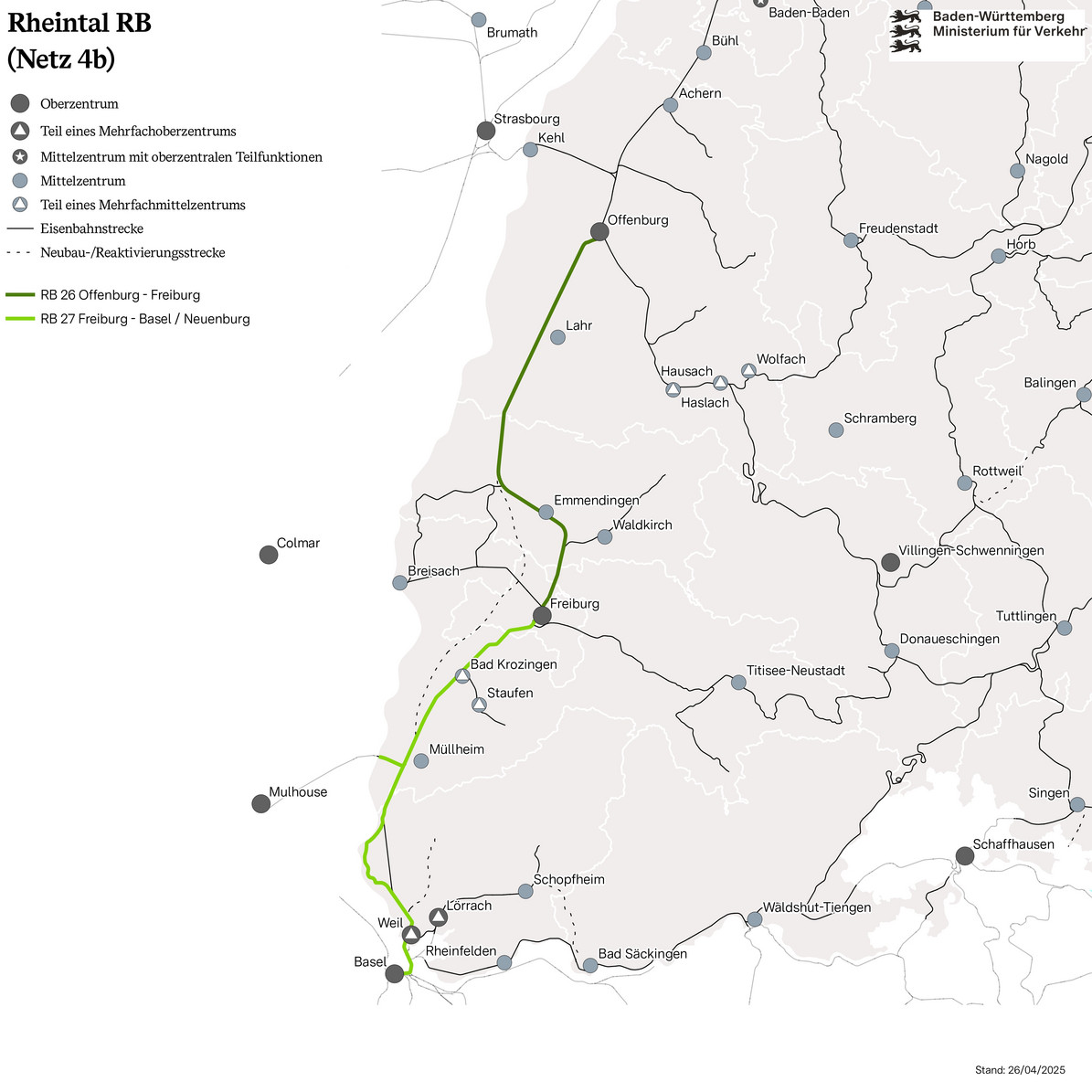 Netzkarte von Netz 4b: Rheintal RB. Eingezeichnet sind die Verbindungen RB 26 von Offenburg über Emmendingen nach Freiburg, sowie der RB 27 von Freiburg über Müllheim nach Basel Bad.