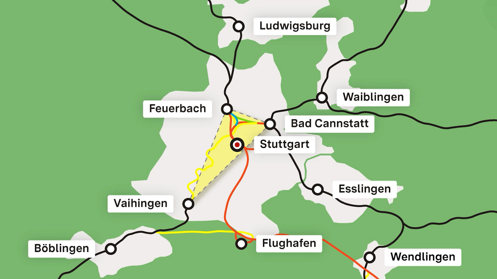 Karte von Schienenstrecken in der Region Stuttgart. Vaihingen, Feuerbach und Bad Cannstatt verbindet ein Dreieck.