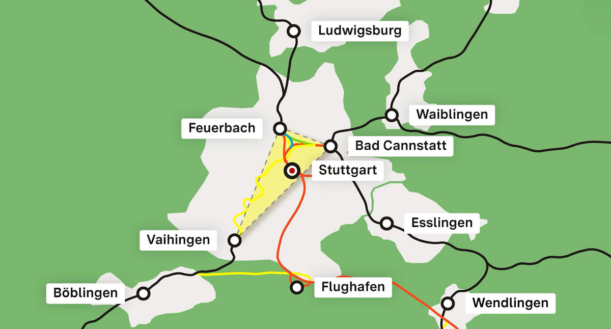 Karte von Schienenstrecken in der Region Stuttgart. Vaihingen, Feuerbach und Bad Cannstatt verbindet ein Dreieck.