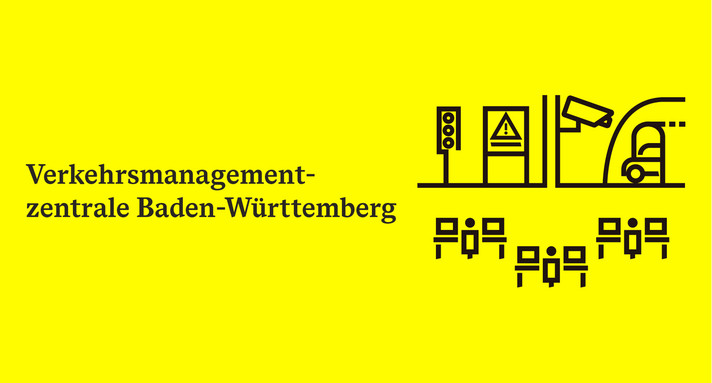 Illustration einer Verkehrsmanagementzentrale mit Icons. Bildschirme und Kameras überwachen einen Tunnel und Ampeln.