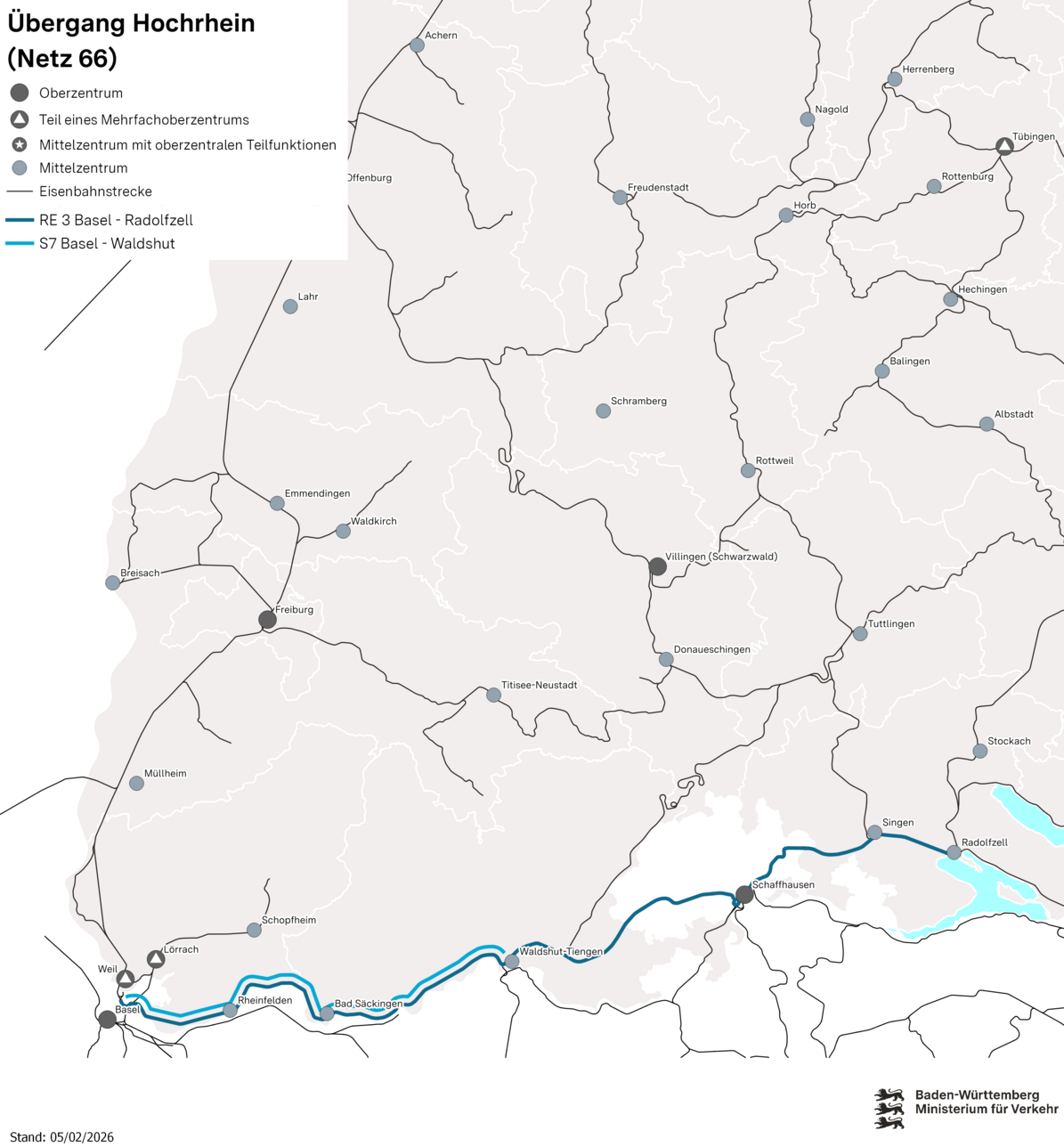 Karte von Baden-Württemberg. Im Süden des Landes sind Bahnlinien zwischen Basel und Waldshut eingezeichnet..