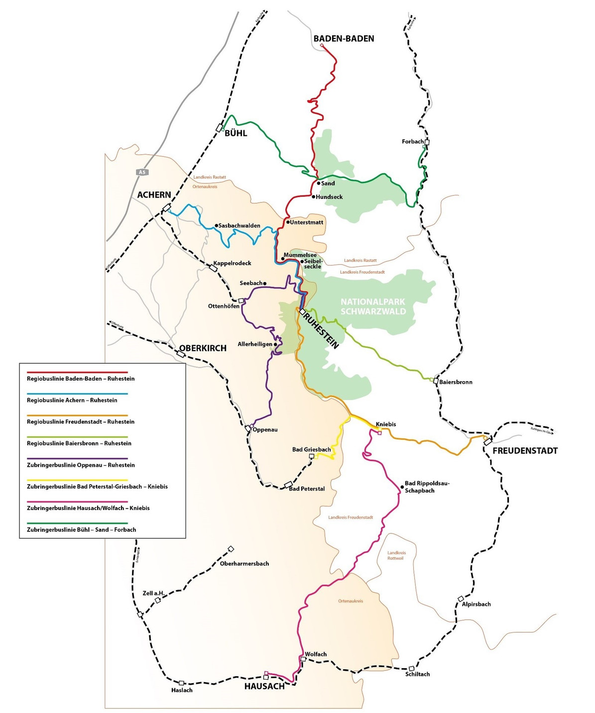 Karte des Nationalpark Schwarzwald mit verschiedenen Buslinien.