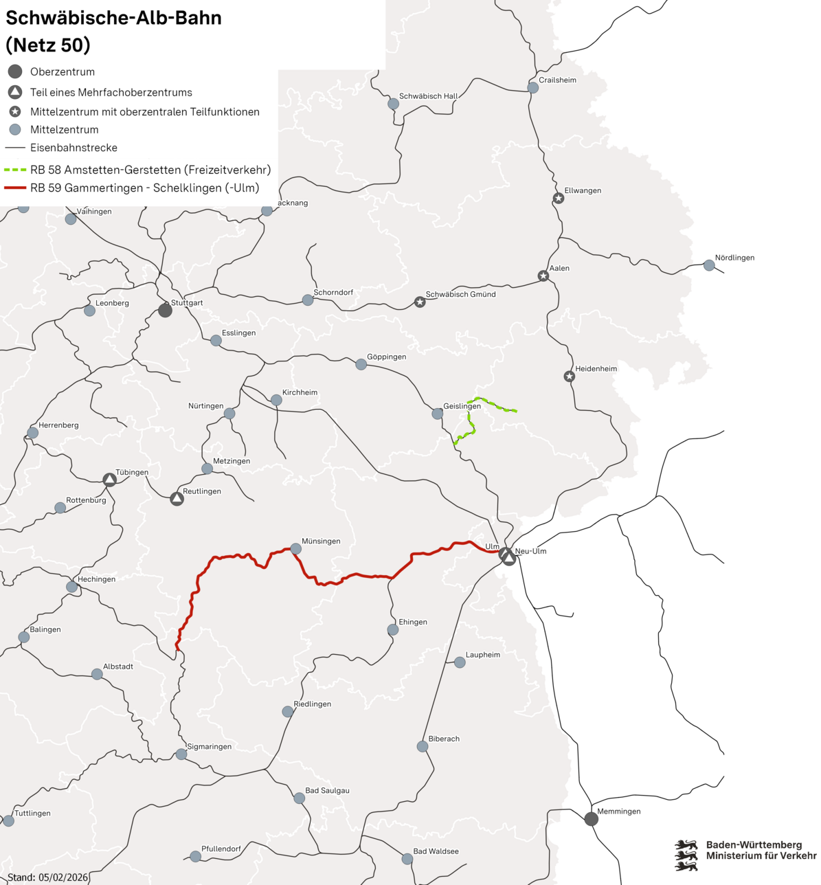 Karte des Netzes 50: Schwäbische Alb-Bahn. Eingezeichnet sind die Linien RB 58 Amstetten (Würrt.) – Gerstetten (Freizeitverkehr) und RB 59 Gammertingen – Schelklingen (– Ulm).