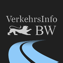 Logo der Verkehrsinfo BW. Schwarzer Hintergrund mit hellblau geschwungener Straße.