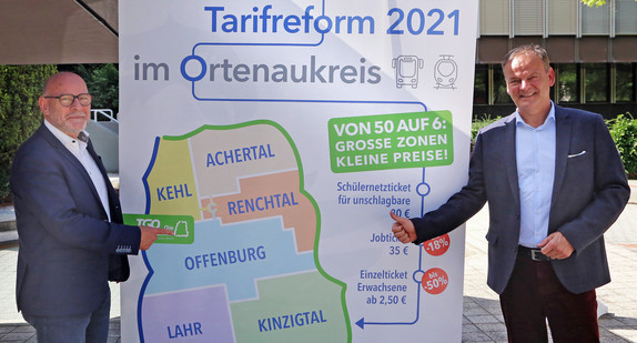 Banner weißt auf die Tarifreform im Ortenaukreis hin. Aus 50 Zonen werden 6. Neben dem Banner stehen zwei Männer und halten den Daumen hoch.