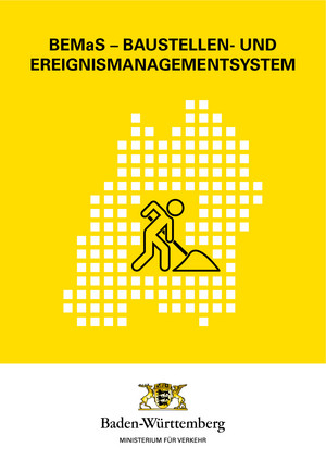 Titelseite eines Flyers. Illustration einer Karte von Baden-Württemberg mit einem Baustellensymbol.