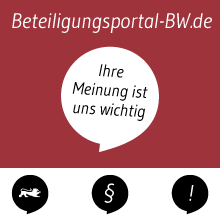 Sprechblase auf rotem Hintergrund mit dem Text "Ihre Meinung ist uns wichtig". Beteiligungsportal-BW.de