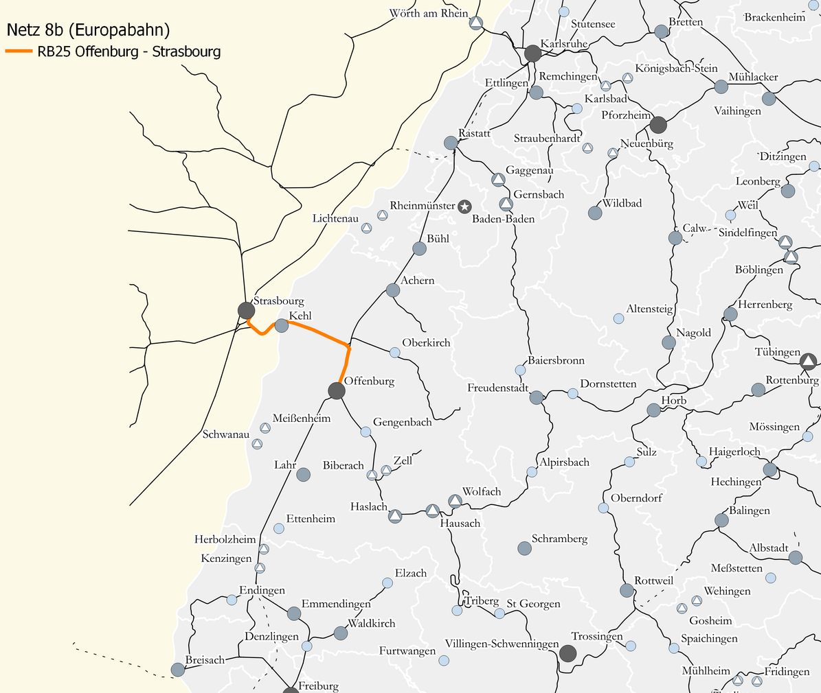 Bahnnetz des Netzes 8b: Europabahn. Die Linie RB 25 Offenburg - Straßburg ist grafisch eingezeichnet.