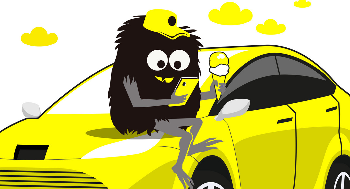 Illustration des Ablenkungsmonsters. Es sitzt vor Fahrtantritt fröhlich auf der Motorhaube eines Autos, tippt auf dem Smartphone und isst Eis.