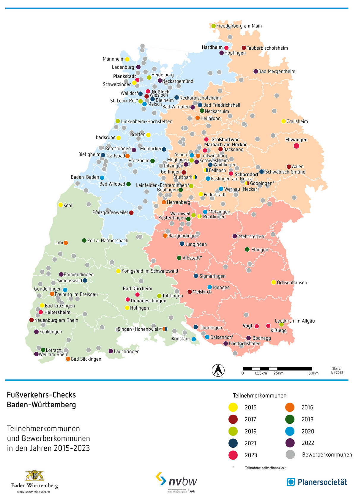 Karte mit den Teilnehmer- und Bewerberkommunen der Fußverkehrs-Checks Baden-Württemberg von 2015 bis 2023