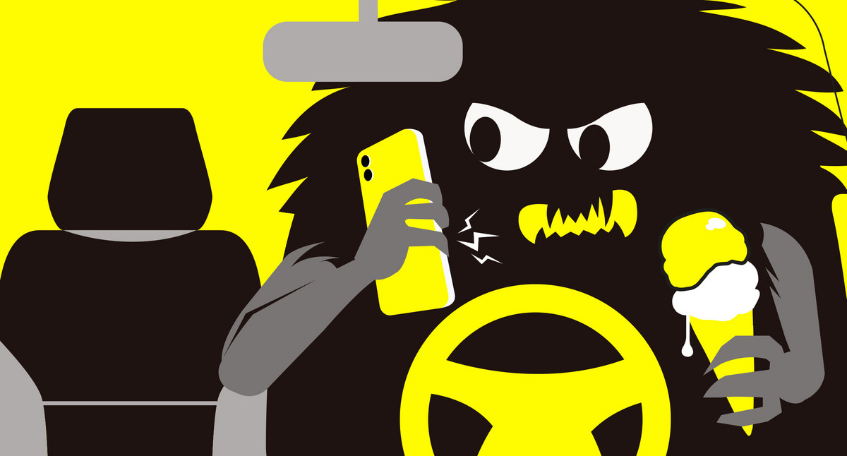 Eine Illustration des Ablenkungsmonsters. Es sitzt telefonierend am Steuer eines Autos und hält in der anderen Hand eine Eistüte.